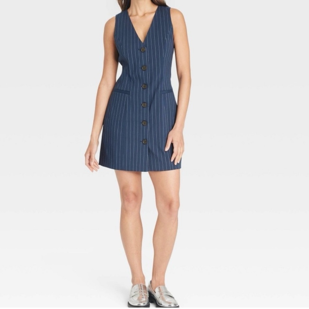 A New Day Women’s Tailored Vest Dress. Navy Pinstripes XS